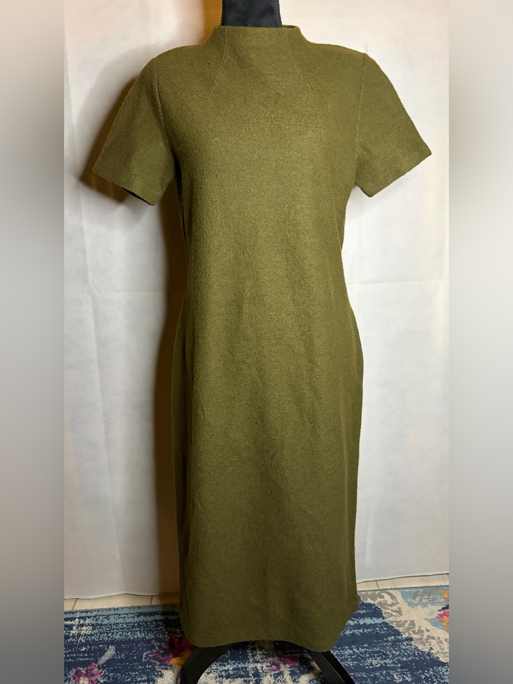 Nina Leonard Olive Green Wool Midi Dress